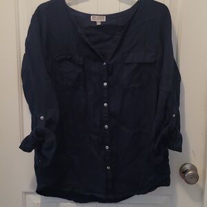 Womens Navy And Deniem Linen Button Up With Tabbed Rolled Sleeves 2 Top Set